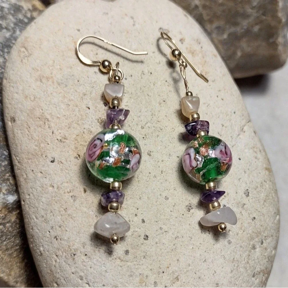 14k GF Murano Glass Foil Rose Bead Dangle Earrings